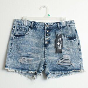 Crazy Train Distressed Acid Washed Denim Shorts Womens XL Blue Button Down